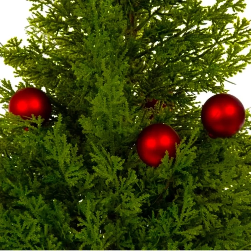 Artificial Cedar Tree w/ Red Vase Shaped Like A Bow & Ornaments, Ready to Ship